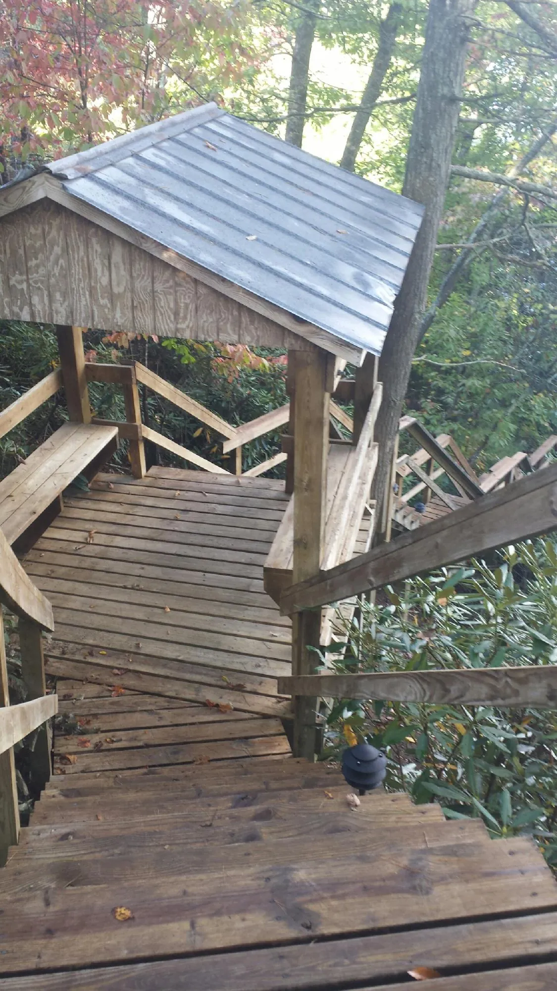 Metal roofed shelter over wooden steps on a wooded walkway — Skylight Repair & Installation work by our crew in Stovall